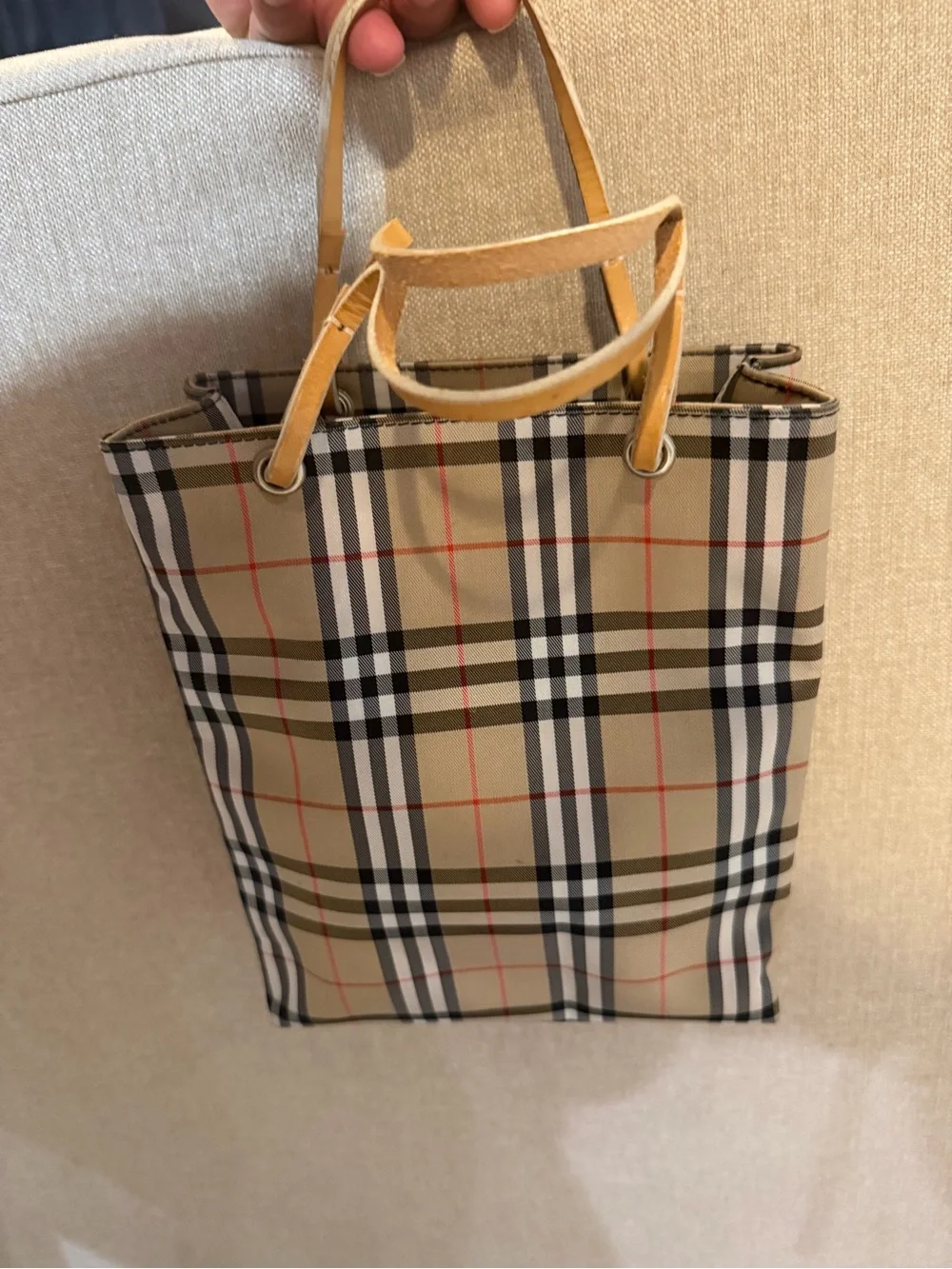 Burberry Beige Check Canvas Mini Tote with Tan Leather Handles